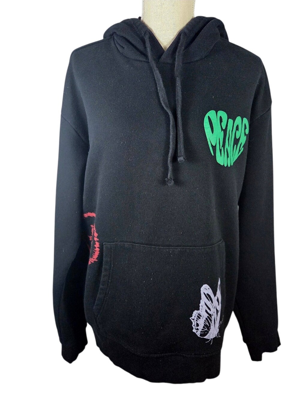 Forever 21 Hoodie Mens Medium Black -Long Sleeve -Hope -Love -Peace *LIGHT WEAR*